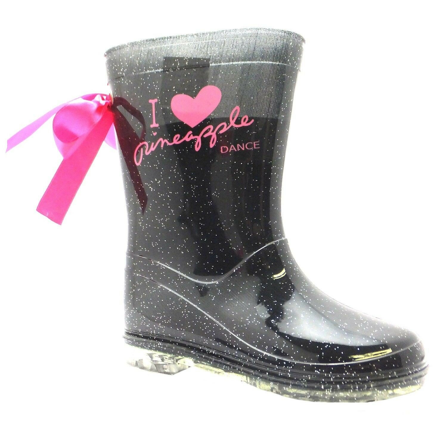 New Girls Pineapple Dance Wellingtons Sparkly Black Glitter Print Bow Slip On Boot