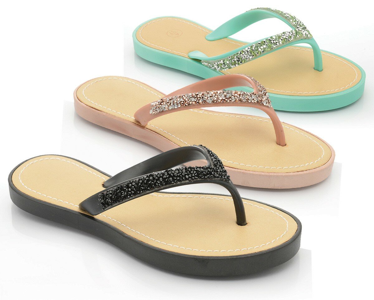 Ladies Womens Diamante Flip Flops Summer Beach Flats Toe Post Sandals Shoes