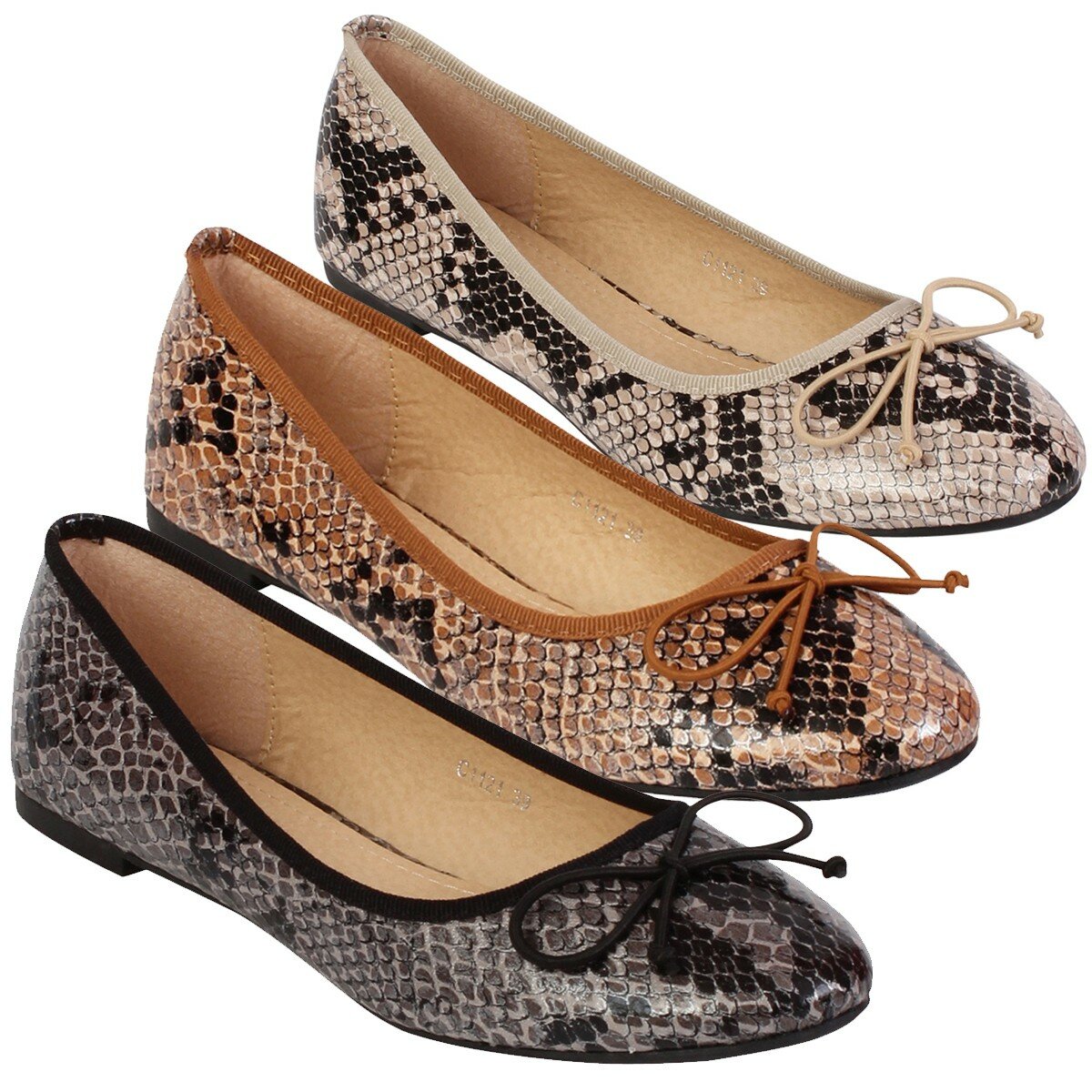 Ladies Flats Shoes Womens Snake Ballerinas Dolly Slip On Shoes Pumps Size