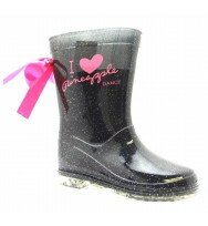 New Girls Pineapple Dance Wellingtons Sparkly Black Glitter Print Bow Slip On Boot