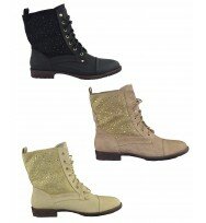 New Womens Ladies Casual Combat Ankle Walking Gem Detail Lace Up Boot Shoe
