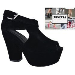 WOMENS BLACK PARTY EVENING SHOES PLATFORM BLOCK HIGH HEEL BOOTS SANDALS SUEDE 