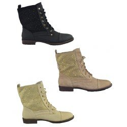 New Womens Ladies Casual Combat Ankle Walking Gem Detail Lace Up Boot Shoe