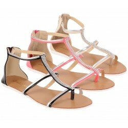 Ladies Sandals Womens Diamante Summer Toe Post Gladiator Beach Flat Shoes