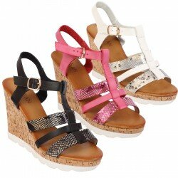 Ladies Cork Wedge Heel Shoes Strappy Sling Back Open Toes Summer Sandals